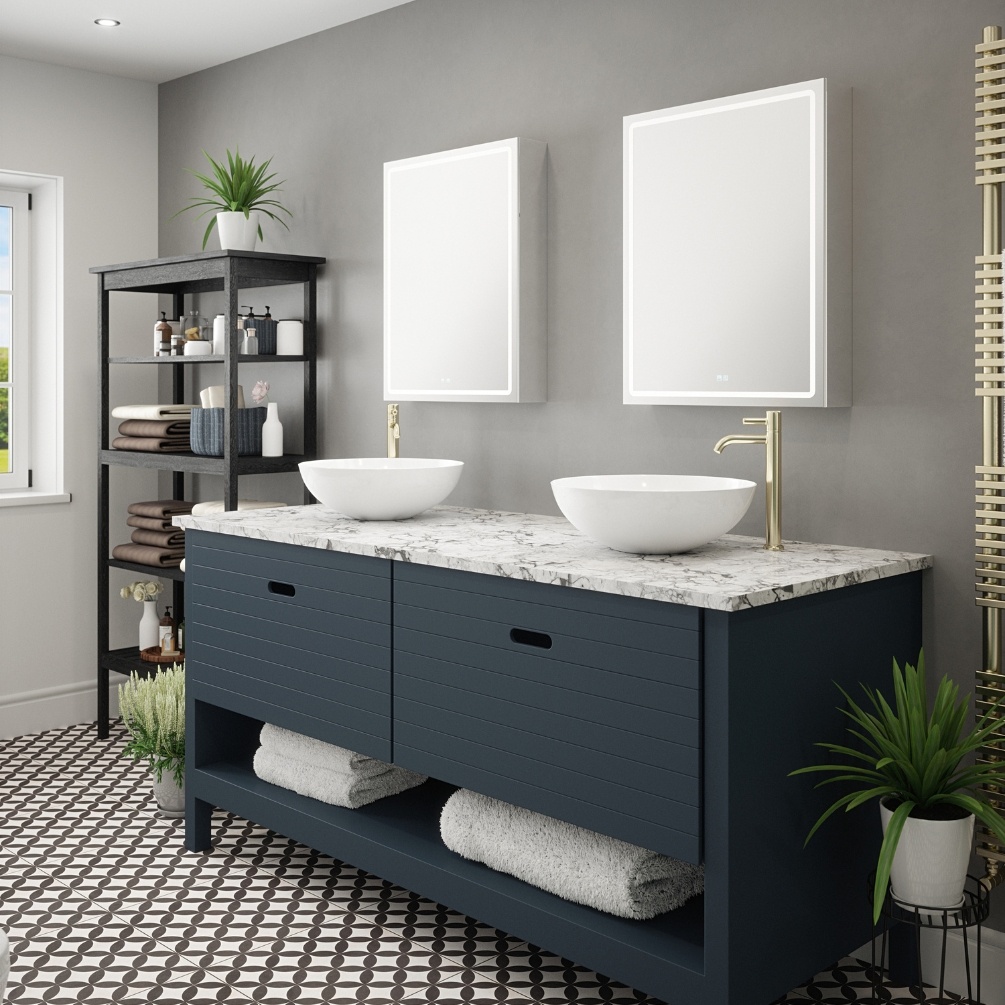 Product Lifestyle image of two Walter Colour Changing LED Mirror Cabinets mounted above a double vanity unit with countertop basins